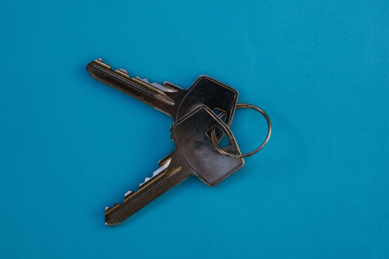 Two metal keys joined by a ring on a blue surface.